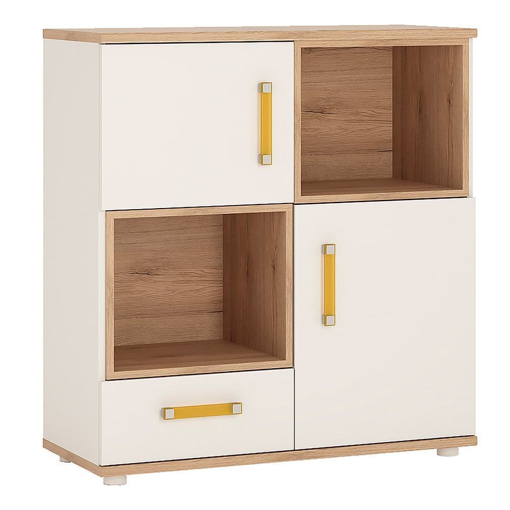 Kinder 2 Door 1 Drawer Cupboard, 2 open shelves in Light Oak and white High Gloss (orange handles)
